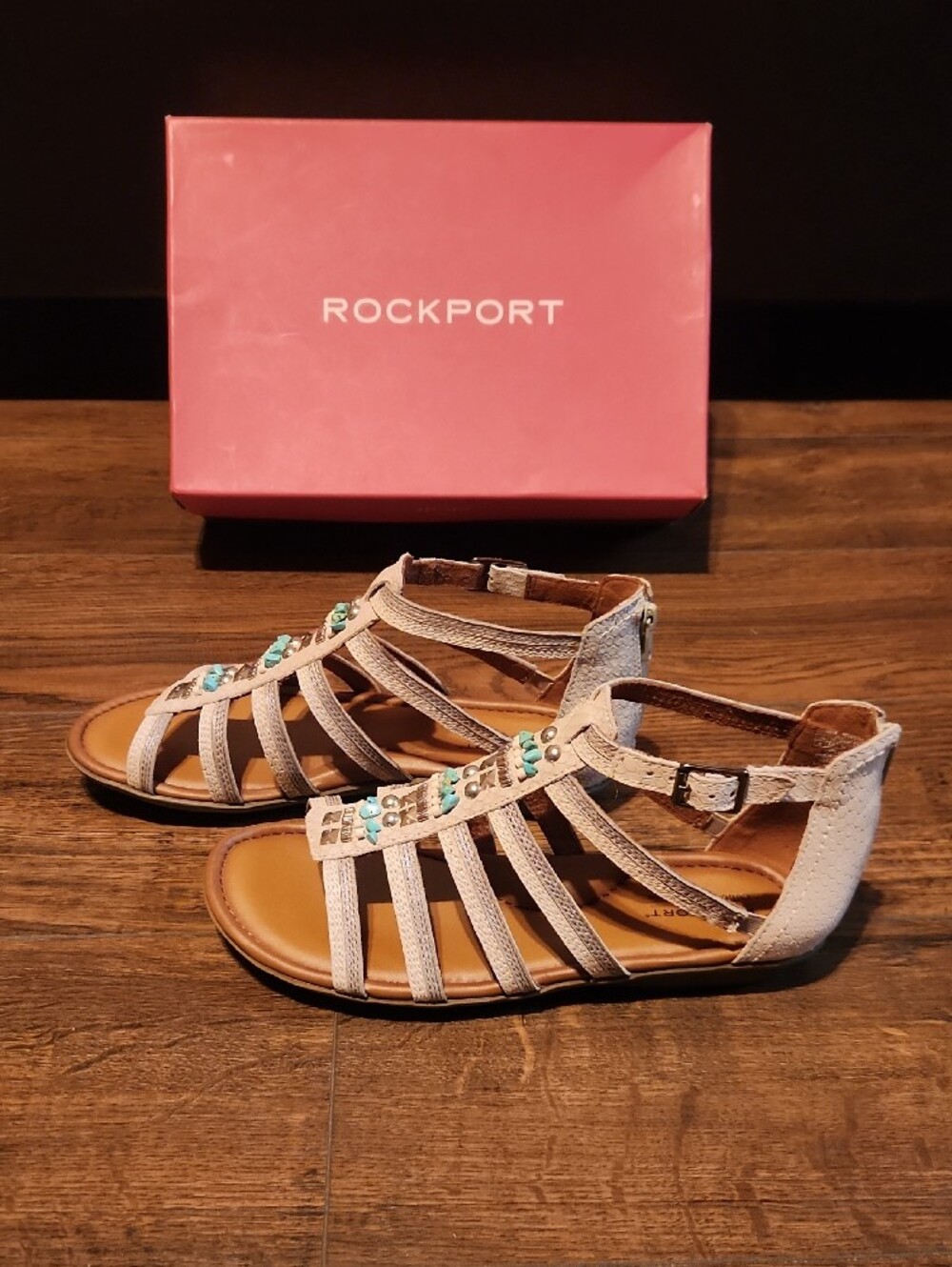 Women Rockport Women's Tan Strappy Beaded Gladiator Sandals - Picture 4 of 9